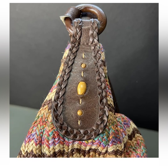 Fossil Womens Shoulder Purse Leather Trim Studded Raffia Weave Straw Multicolor - Picture 3 of 7